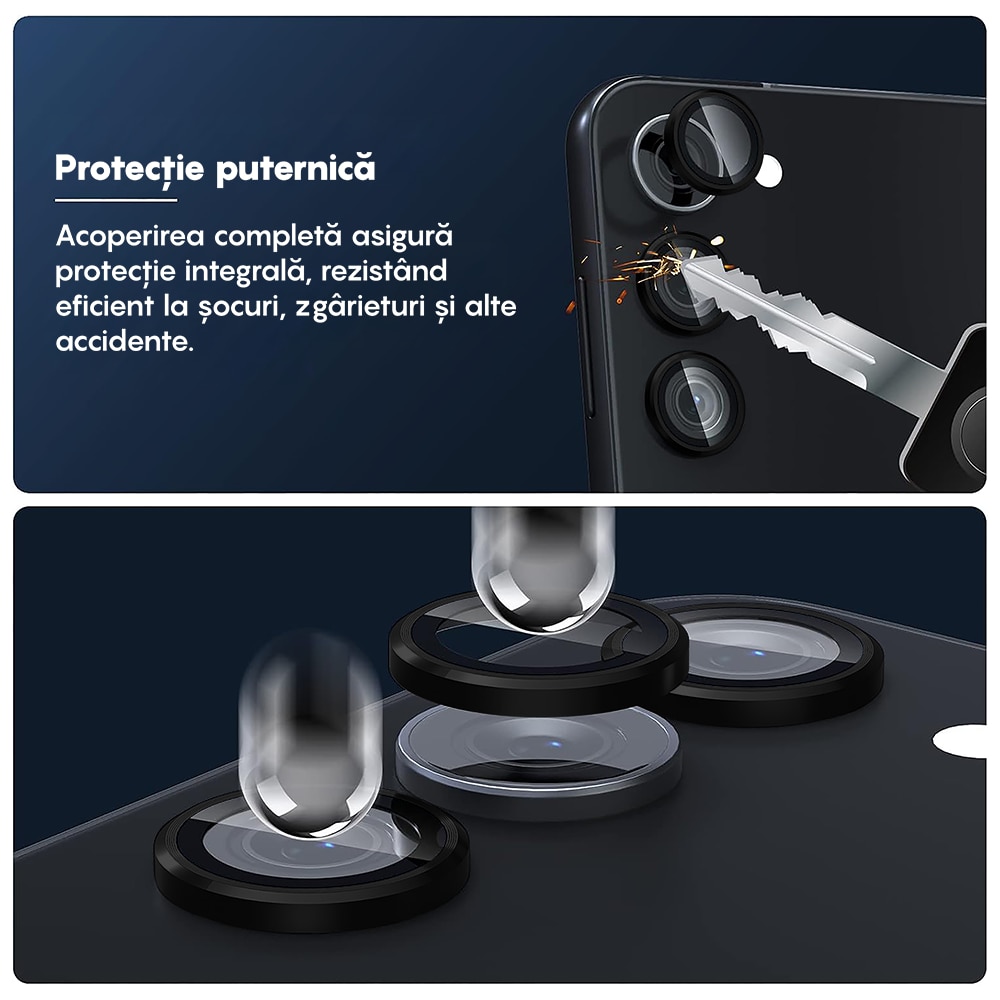 Folie Protectie Lentile Camera compatibila cu Samsung Galaxy S23/Samsung Galaxy S23 Plus, CASEY STUDIOS™ MaxDefense+, Ultra HD, Anti Amprente, Anti Zgarieturi, Anti Socuri, Negru