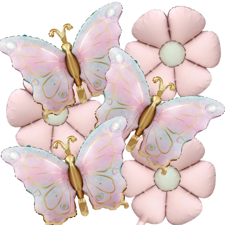 Комплект балони от фолио, тема цветя и пеперуди, розов