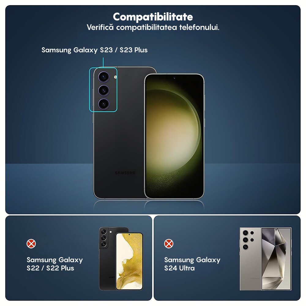 Folie Protectie Lentile Camera compatibila cu Samsung Galaxy S23/Samsung Galaxy S23 Plus, CASEY STUDIOS™ MaxDefense+, Ultra HD, Anti Amprente, Anti Zgarieturi, Anti Socuri, Mov Inchis