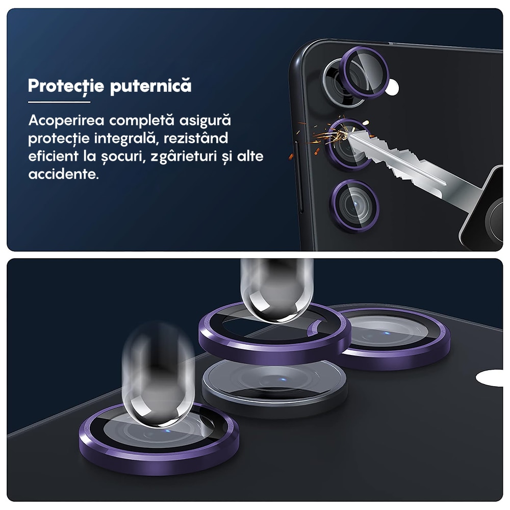 Folie Protectie Lentile Camera compatibila cu Samsung Galaxy S23/Samsung Galaxy S23 Plus, CASEY STUDIOS™ MaxDefense+, Ultra HD, Anti Amprente, Anti Zgarieturi, Anti Socuri, Mov Inchis