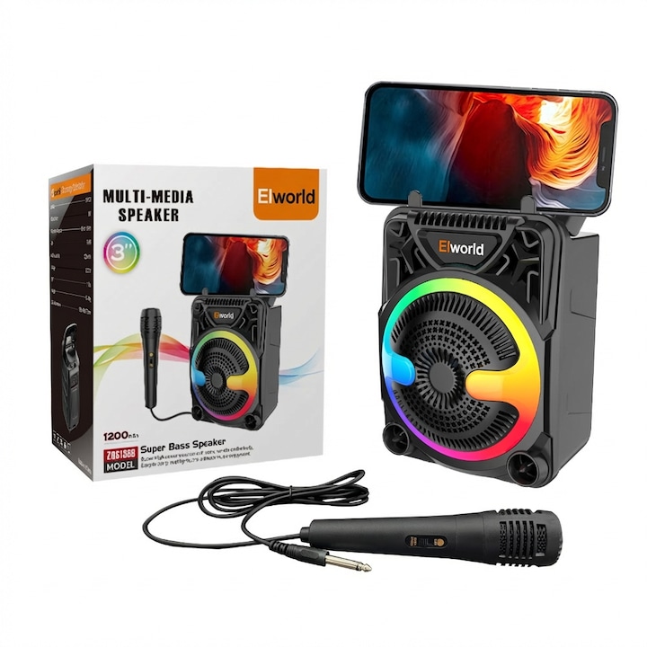 Преносима Bluetooth тонколона Elworld ZQS1366 Mini, караоке тонколона за открито с 1 микрофон, RGB LED осветление, Bluetooth 5.0, USB/TF поддръжка и FM радио, TWS функция