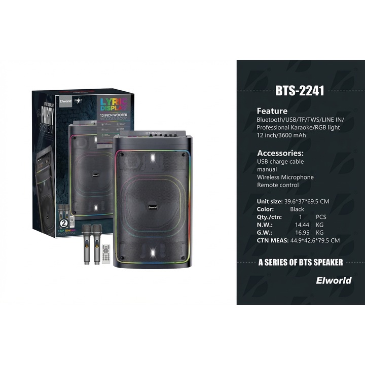 Boxa Bluetooth karaoke portabila Elworld BTS-2241, pentru interior si exterior, cu 2 microfoane wireless, telecomanda, iluminare LED RGB, Bluetooth 5.0, suport USB/card TF, functie TWS si intrare AUX (Line-In), cablu de incarcare USB inclus
