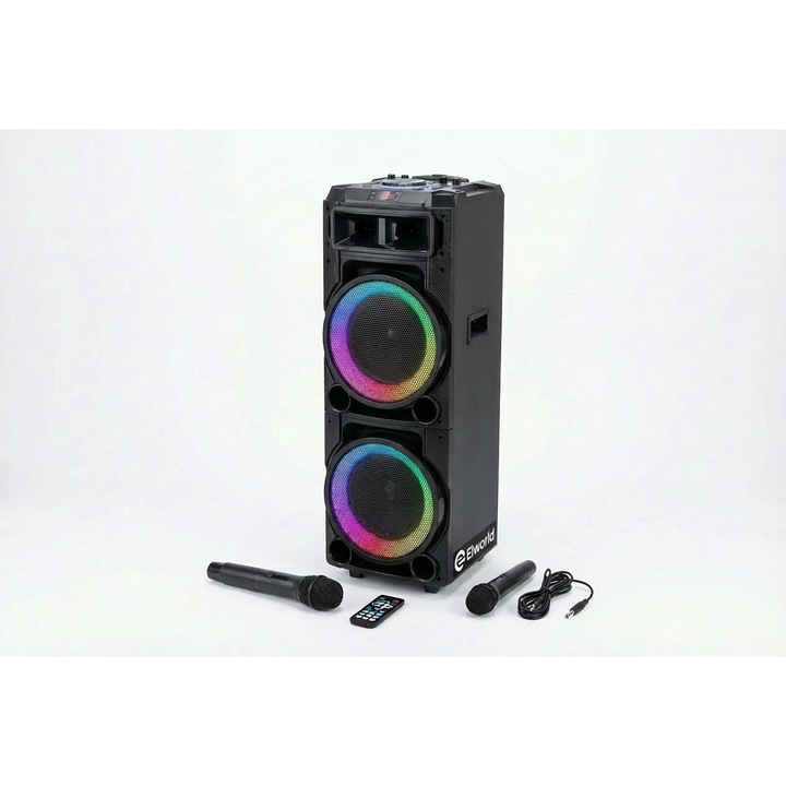 Boxa Bluetooth portabila Elworld KTS-1707, boxa karaoke pentru interior si exterior, cu 2 microfoane (1 wireless si 1 cu fir), iluminare LED RGB, Bluetooth 5.0, suport USB/TF si functie TWS, telecomanda inclusa, negru