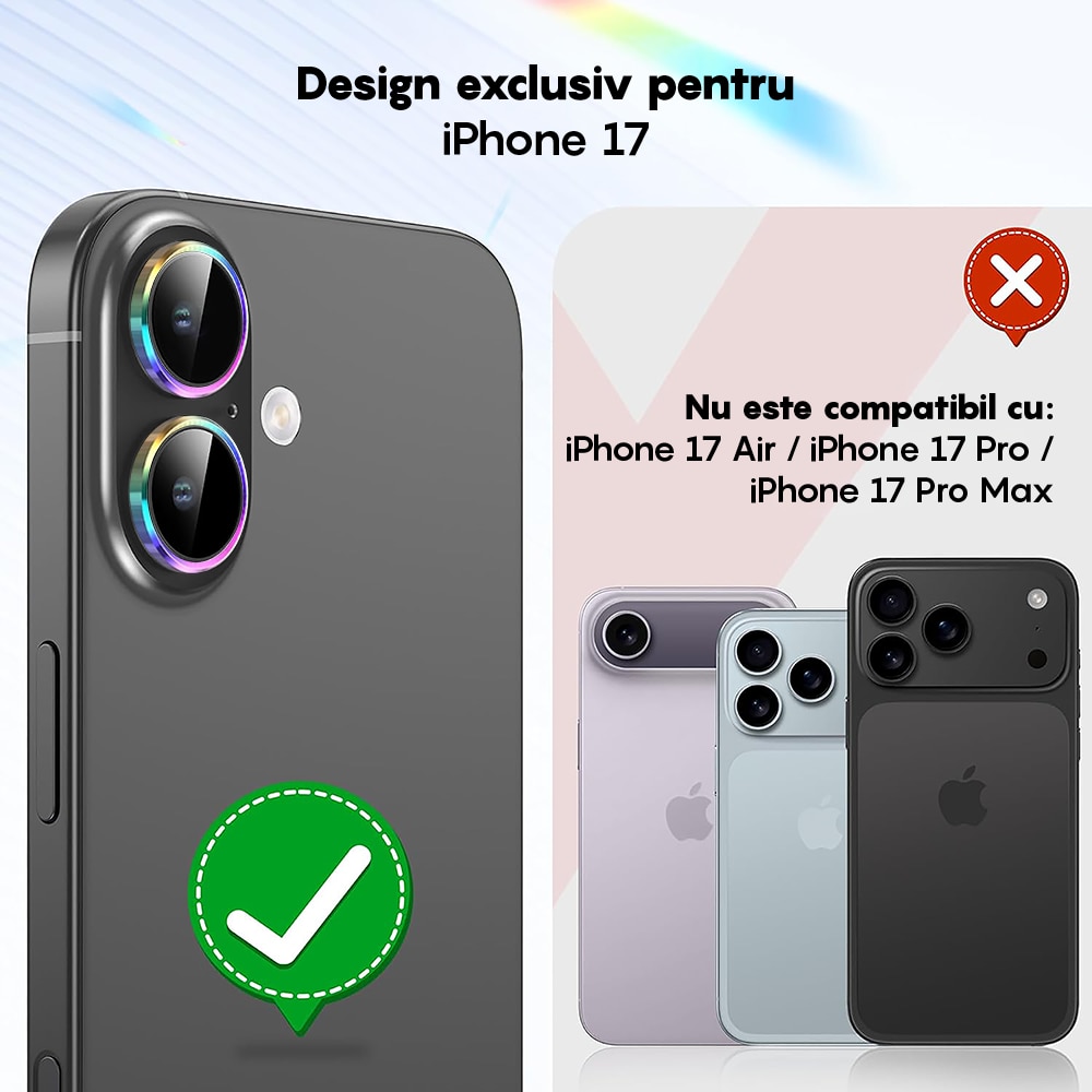 Folie Protectie Lentile Camera compatibila cu Apple iPhone 17, CASEY STUDIOS™ MaxDefense+, Ultra HD, Anti Amprente, Anti Zgarieturi, Anti Socuri, Rainbow