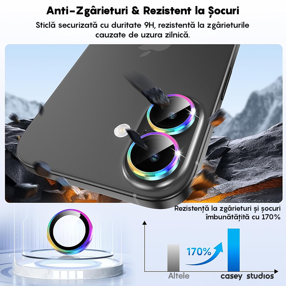 Folie Protectie Lentile Camera compatibila cu Apple iPhone 17, CASEY STUDIOS™ MaxDefense+, Ultra HD, Anti Amprente, Anti Zgarieturi, Anti Socuri, Rainbow