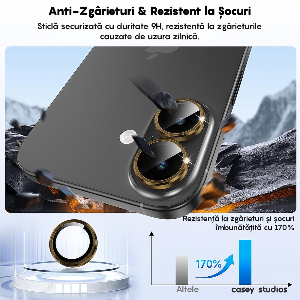 Folie Protectie Lentile Camera compatibila cu Apple iPhone 17, CASEY STUDIOS™ MaxDefense+, Ultra HD, Anti Amprente, Anti Zgarieturi, Anti Socuri, Auriu