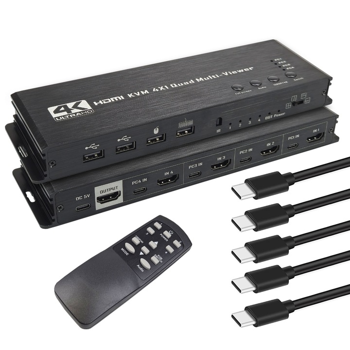 KVM Kapcsoló 4x1 HDMI, Polion, 4K, 5x USB-C kábel, fekete