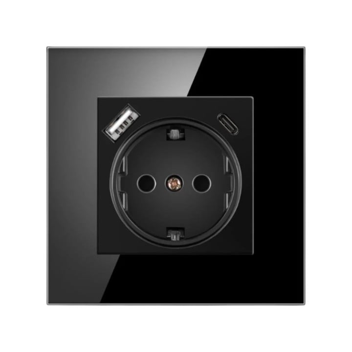 Priza simpla, panou acrilic negru, USB-A 5V/2.1A, USB-C 5V/3A, 220–250V, 16A - COBI SMART®