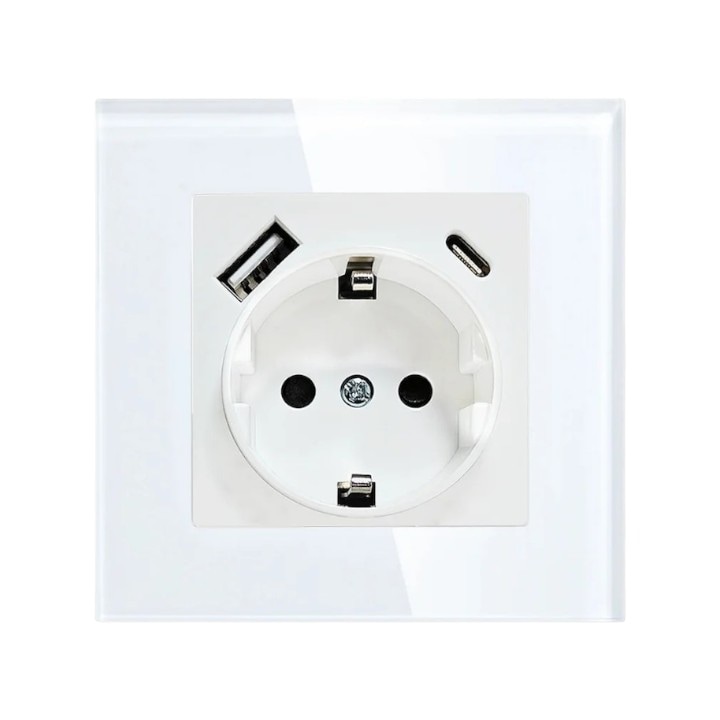 Priza simpla, panou acrilic alb, USB-A 5V/2.1A, USB-C 5V/3A, 220–250V, 16A - COBI SMART®