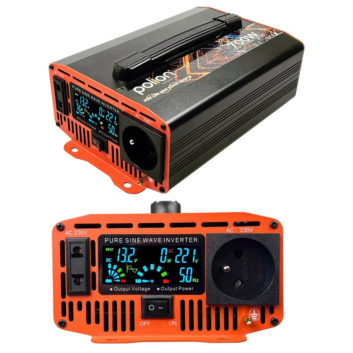 Invertoare auto Polion 700W, 12V/230V, sinus pur, 15x26x9cm