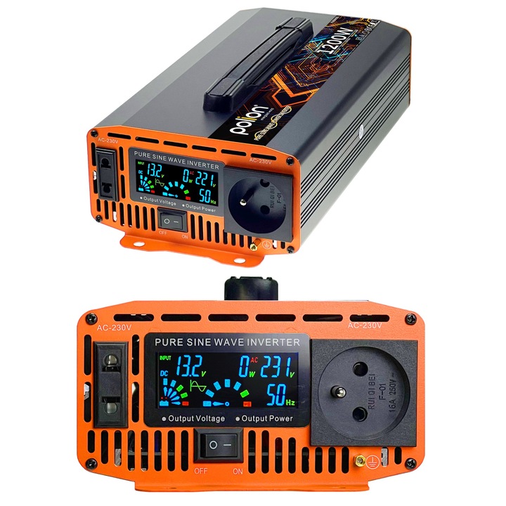 Invertoare auto Polion 1200W, 12V/230V, sinus curat, 15x30x8cm