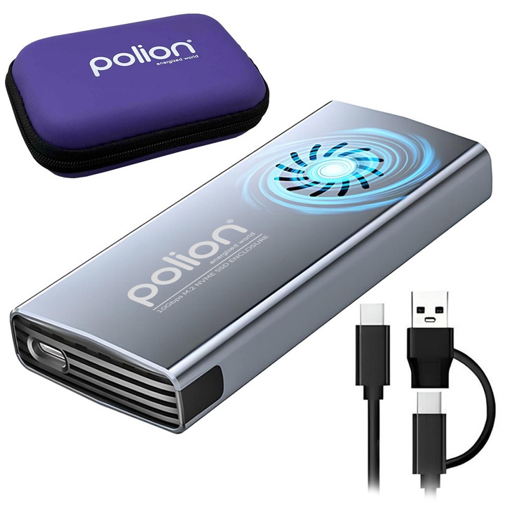 Carcasa pentru SSD M.2 NVMe cu ventilator, USB-C 3.2, 10Gbps, grafit, 10x1.5x4.3cm