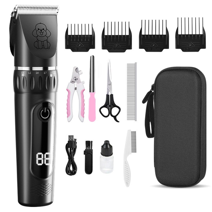 Masina Tuns Animale, Ultrixe, Lama Ceramica si Titan, Pentru Caini si Pisici, cu 4 accesorii de reglare, Negru