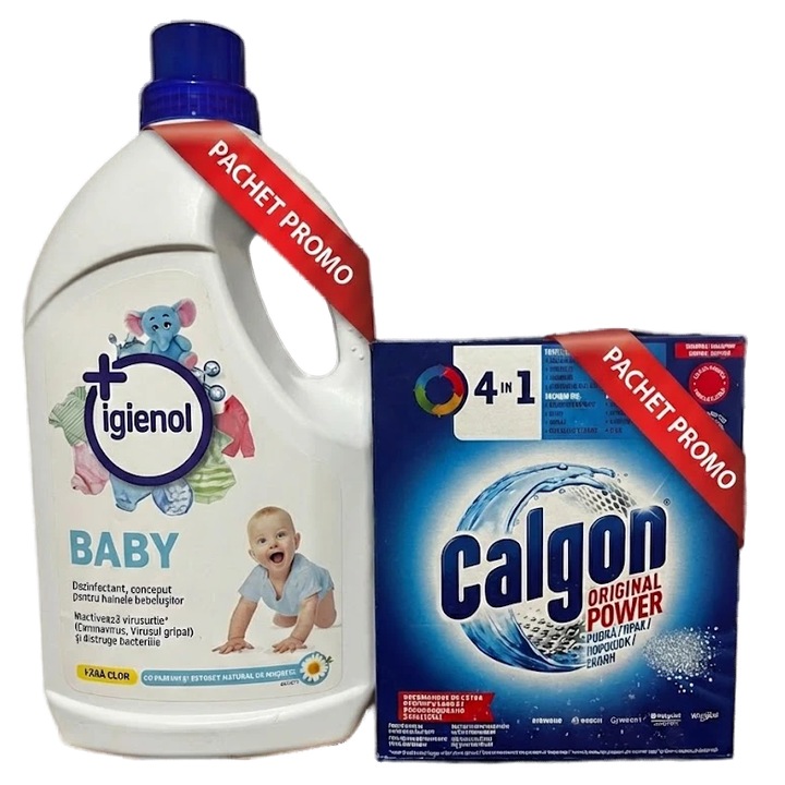 Pachet Complet Protectie si Igiena Baby: Dezinfectant Igienol Baby, 1.5L + Pudra Anticalcar Calgon Original Power 4 in 1