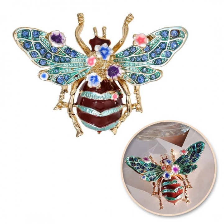 Dekoratív bross kristályokkal, türkiz bogárral és virágokkal BZ189