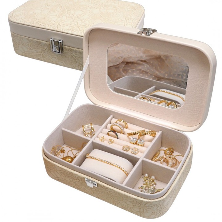 Ékszerdoboz, tok, szervező, krémszínű csipkés doboz PD157K