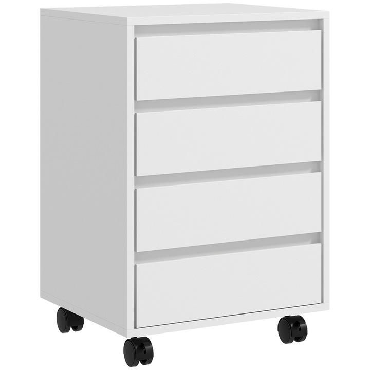 HOMCOM Dulap de birou cu 4 sertare si roti cu frana din MDF, 46x40x65 cm, alb