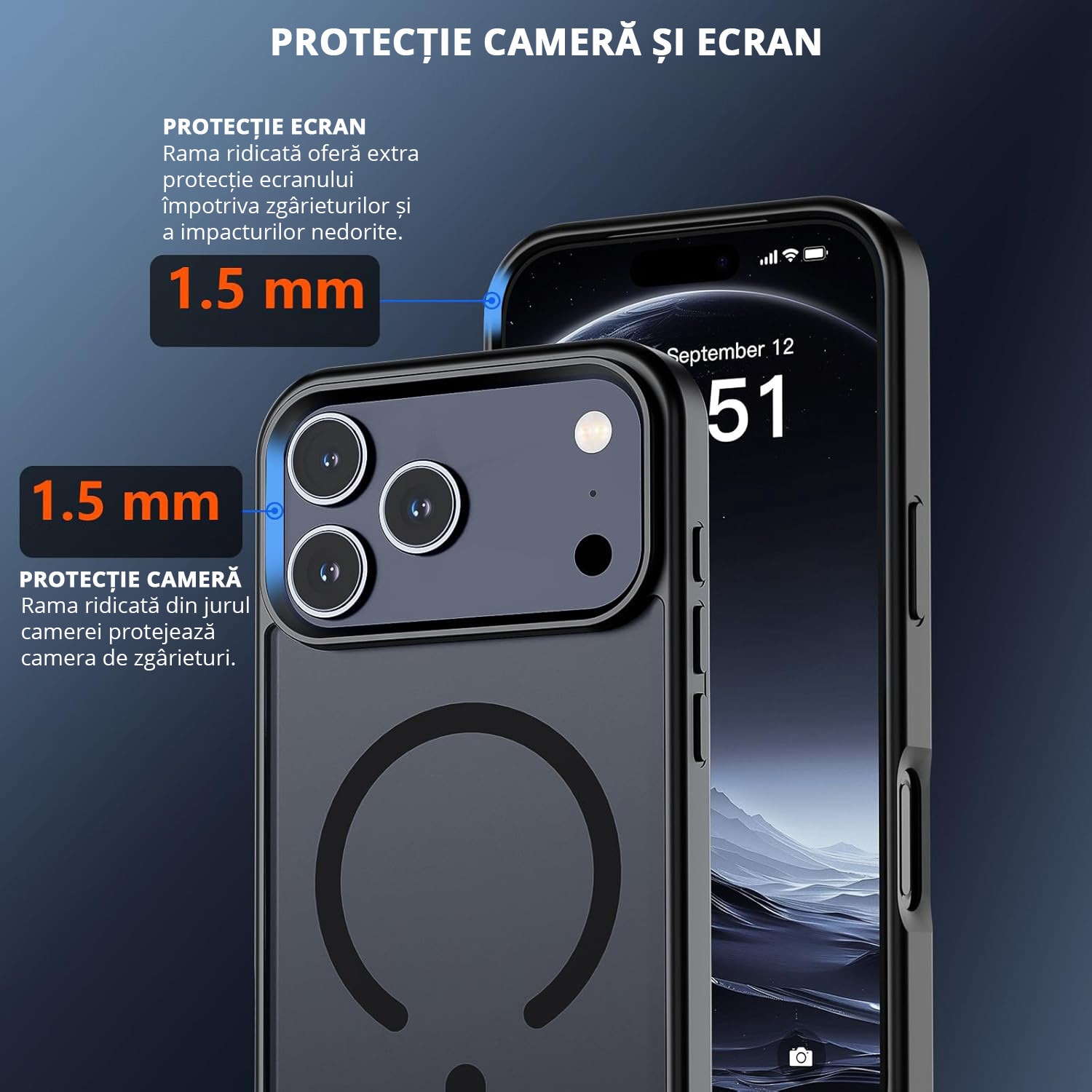 Husa pentru iPhone 17 Pro Max, MobileSmart, MagSafe, Spate Mat Semitransparent, Protectie Camera, Antisoc, Negru