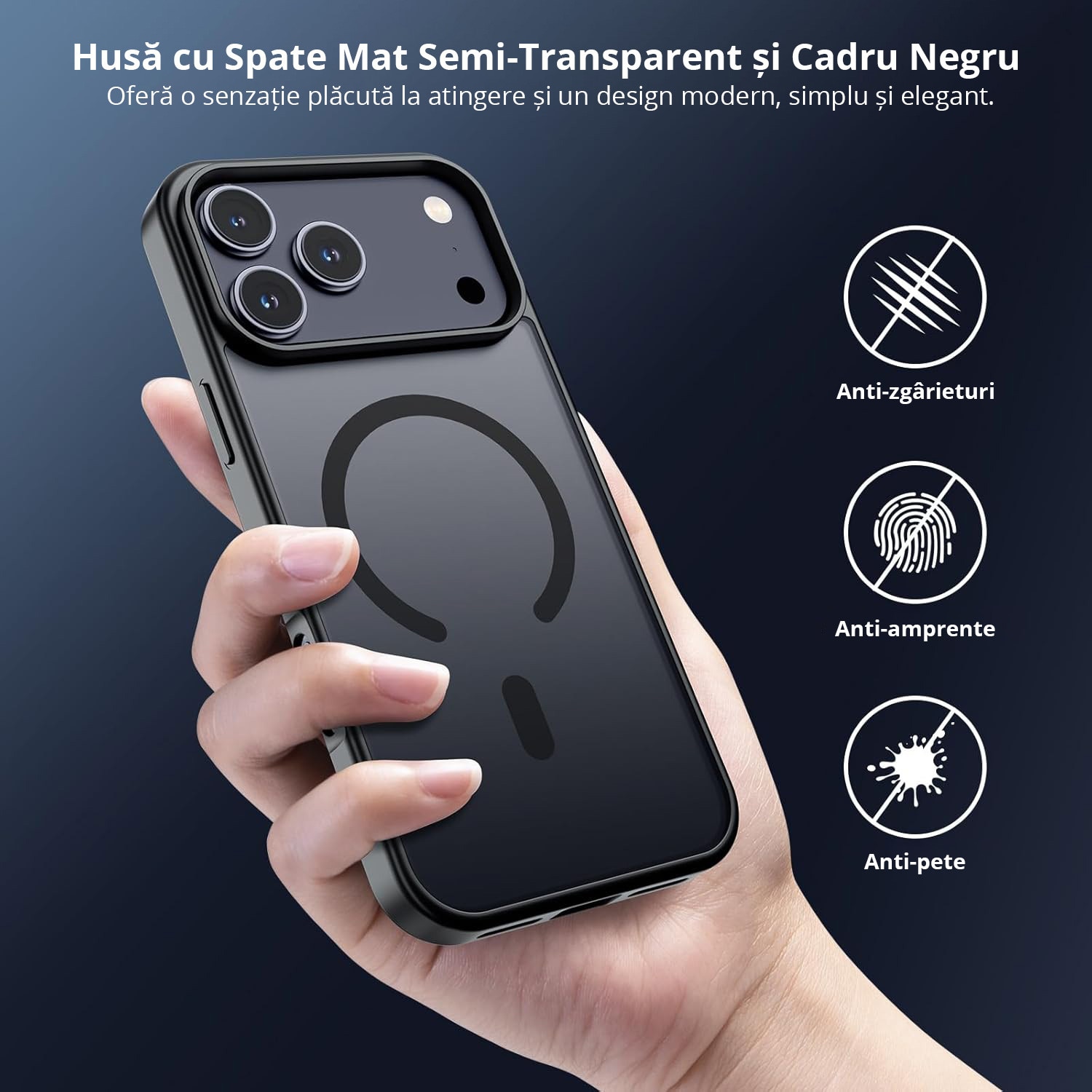 Husa pentru iPhone 17 Pro Max, MobileSmart, MagSafe, Spate Mat Semitransparent, Protectie Camera, Antisoc, Negru