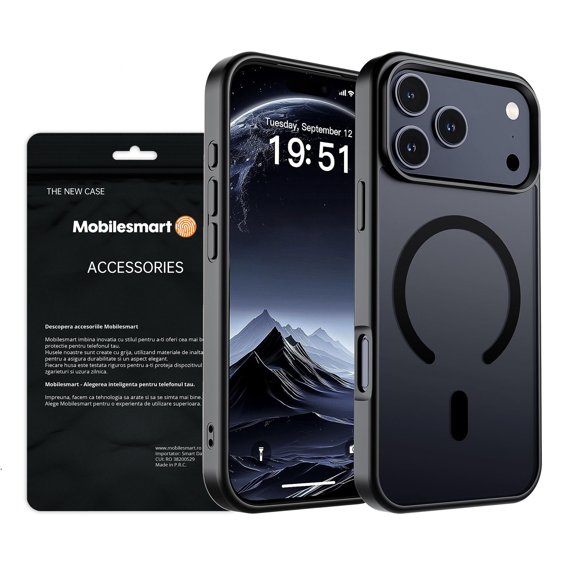 Husa pentru iPhone 17 Pro Max, MobileSmart, MagSafe, Spate Mat Semitransparent, Protectie Camera, Antisoc, Negru