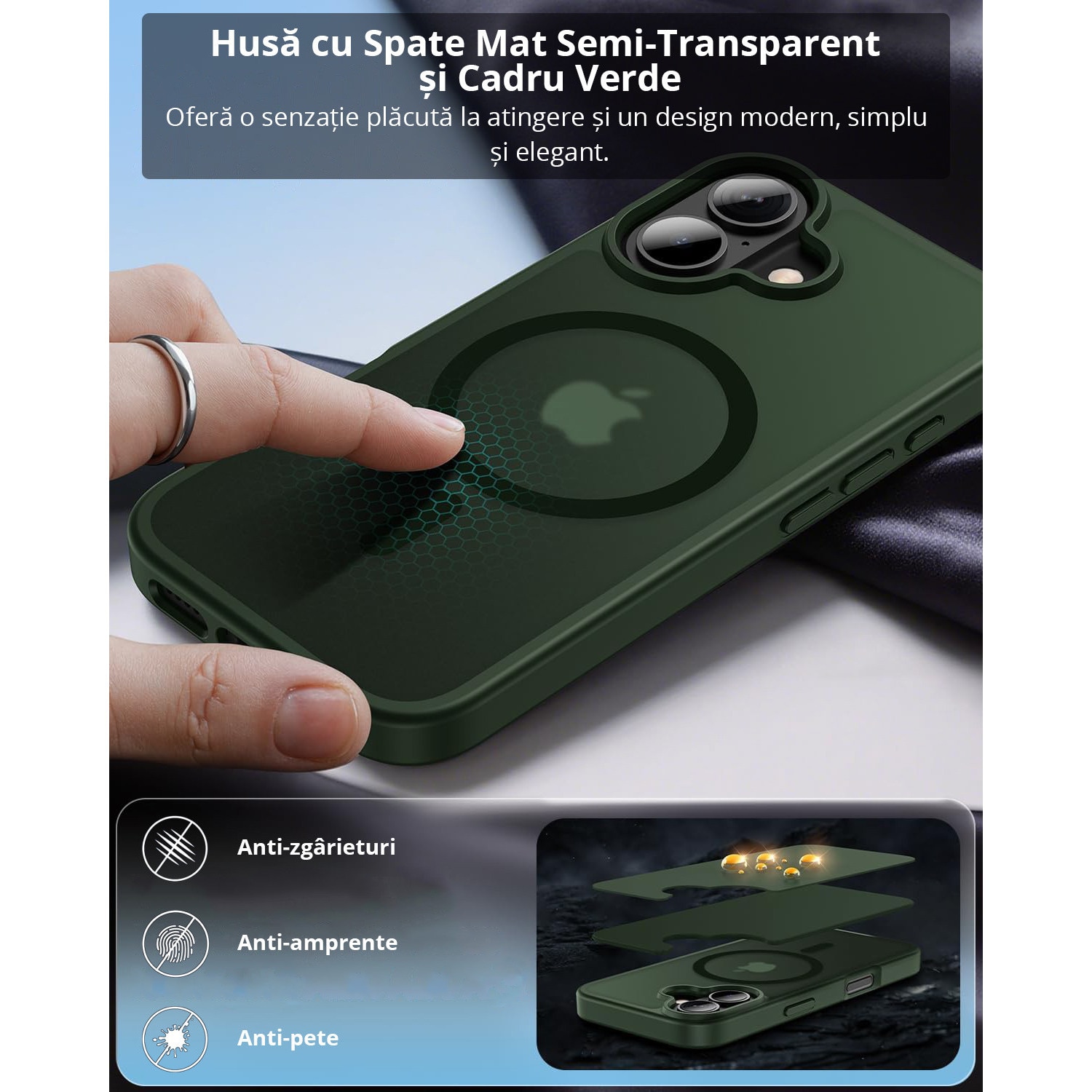Husa pentru iPhone 17, MobileSmart, MagSafe, Spate Mat Semitransparent, Protectie Camera, Antisoc, Verde
