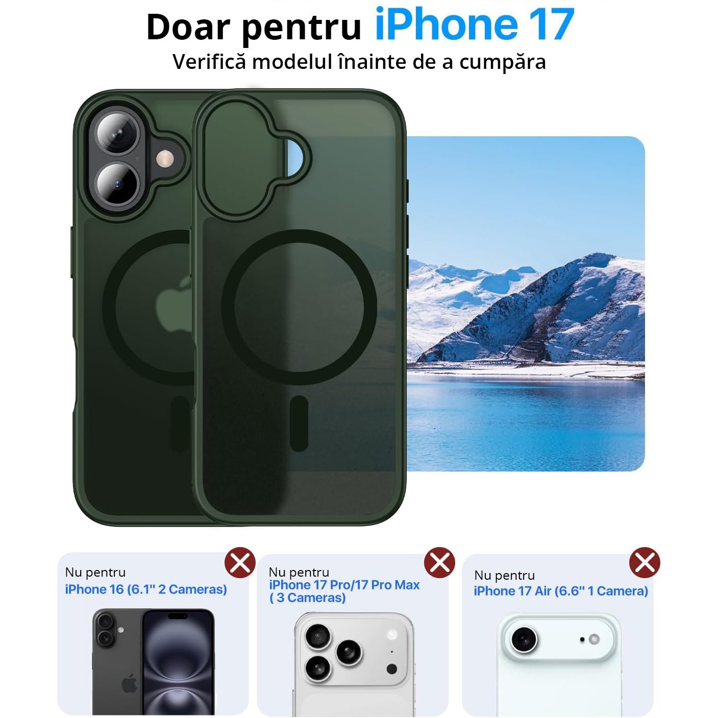 Husa pentru iPhone 17, MobileSmart, MagSafe, Spate Mat Semitransparent, Protectie Camera, Antisoc, Verde