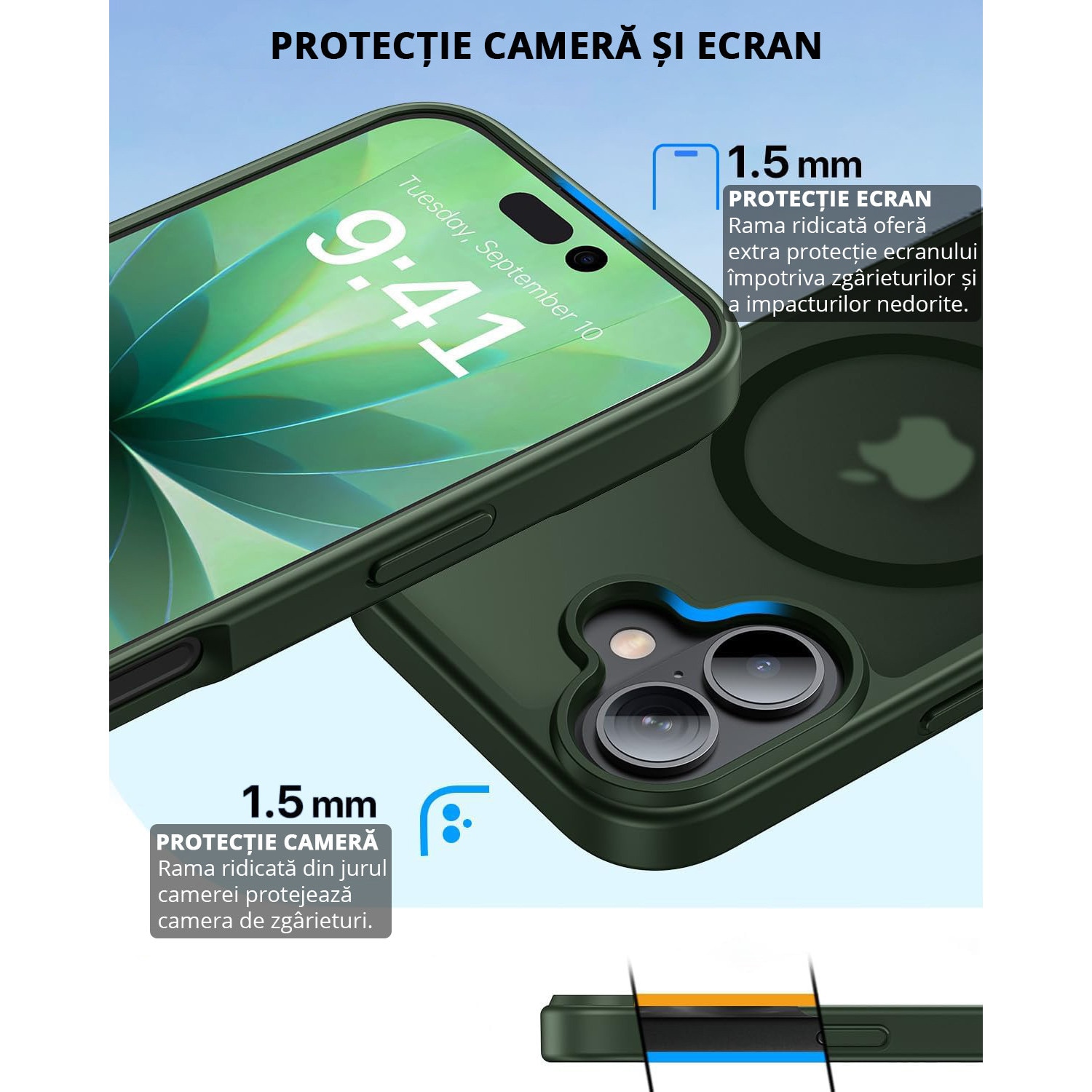 Husa pentru iPhone 17, MobileSmart, MagSafe, Spate Mat Semitransparent, Protectie Camera, Antisoc, Verde