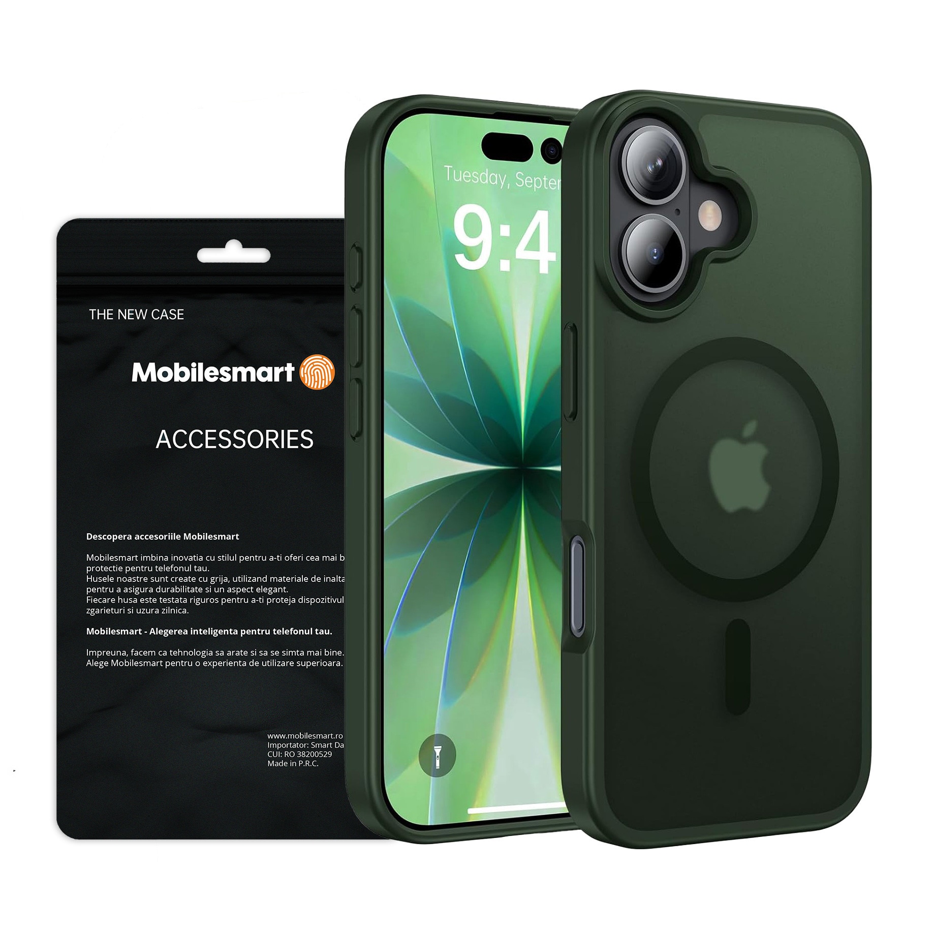Husa pentru iPhone 17, MobileSmart, MagSafe, Spate Mat Semitransparent, Protectie Camera, Antisoc, Verde