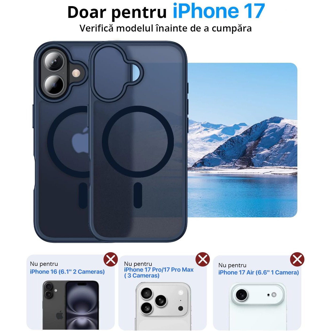 Husa pentru iPhone 17, MobileSmart, MagSafe, Spate Mat Semitransparent, Protectie Camera, Antisoc, Albastru