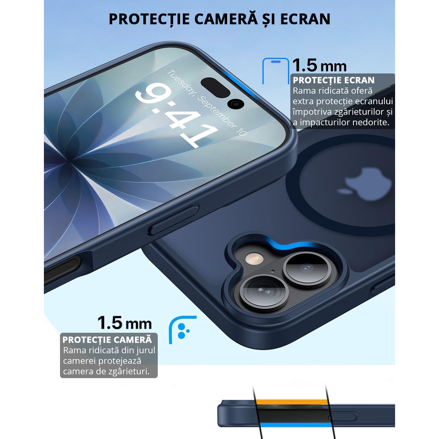 Husa pentru iPhone 17, MobileSmart, MagSafe, Spate Mat Semitransparent, Protectie Camera, Antisoc, Albastru