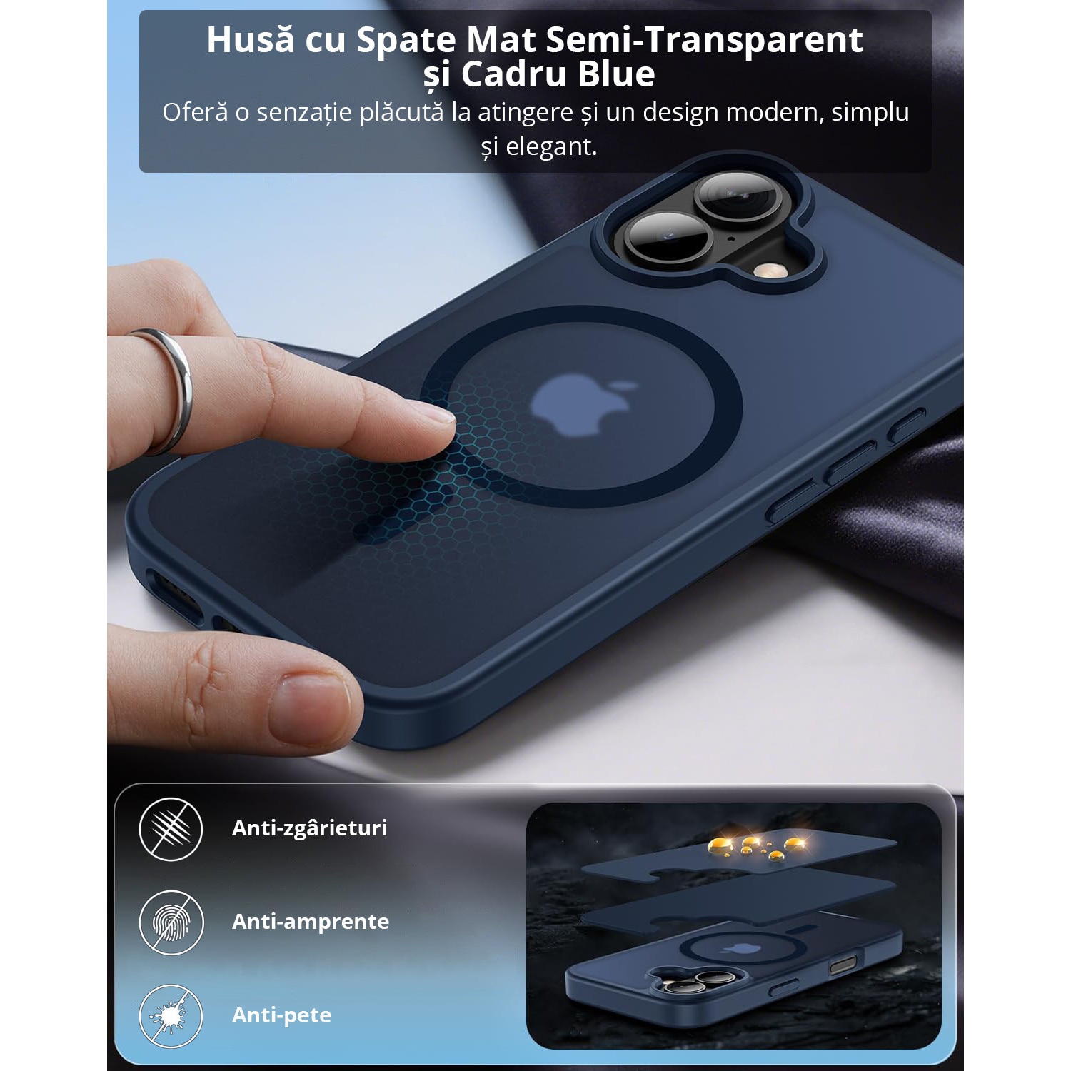 Husa pentru iPhone 17, MobileSmart, MagSafe, Spate Mat Semitransparent, Protectie Camera, Antisoc, Albastru