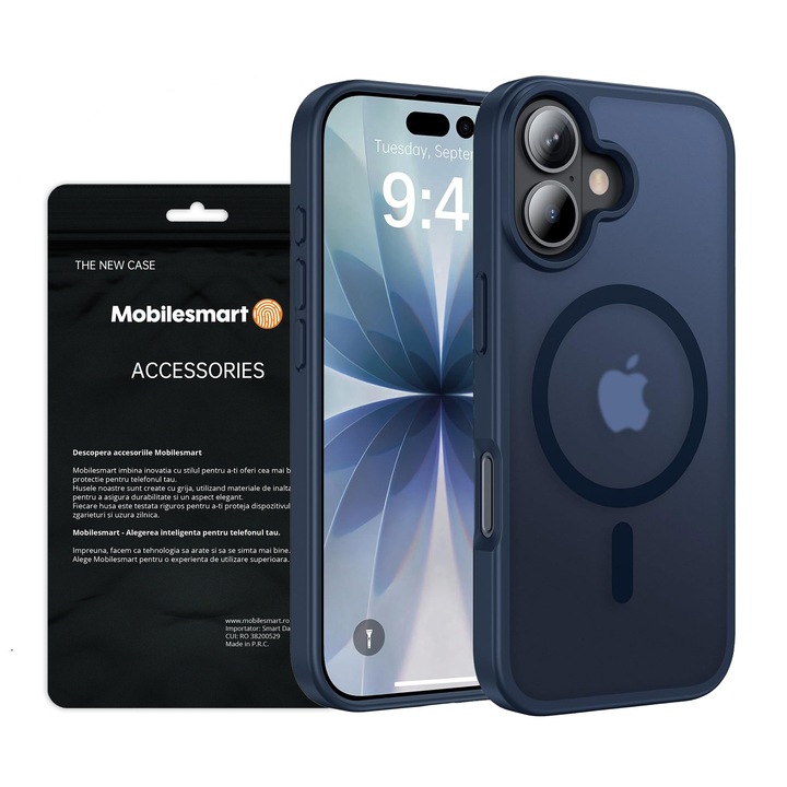 Husa pentru iPhone 17, MobileSmart, MagSafe, Spate Mat Semitransparent, Protectie Camera, Antisoc, Albastru