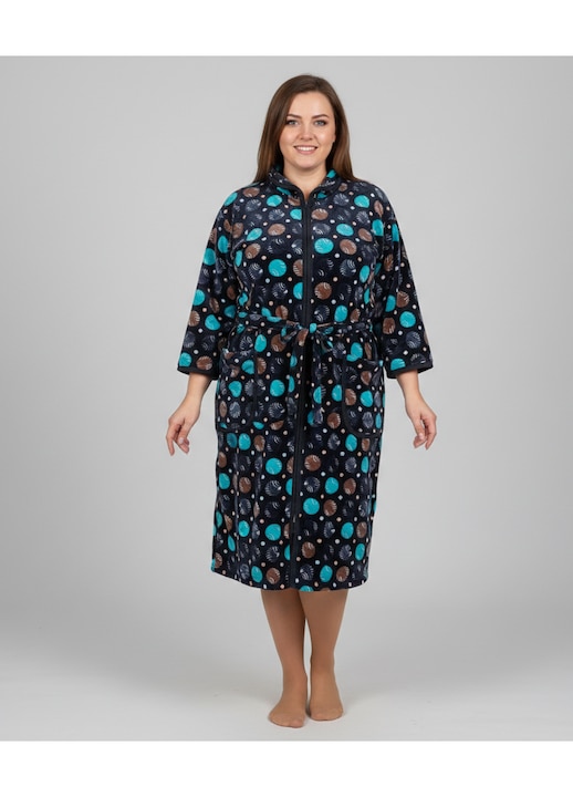 Capot de Dama Elegant din Catifea fina, marimi mari, fermoar, buzunare, cordon, buline albastre 13762, Multicolor