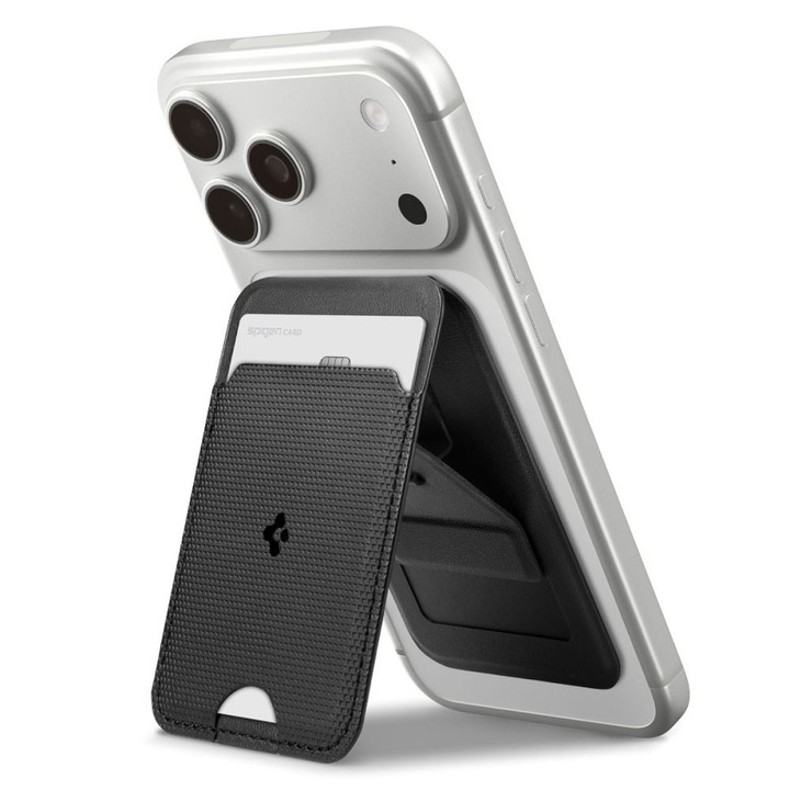 Portofel carduri cu suport magnetic, Spigen Slim Fold Tripod, negru, piele ecologică