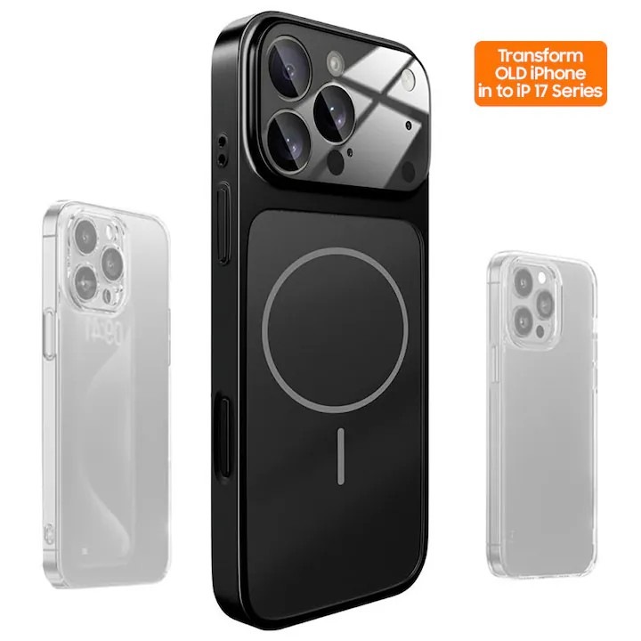 Husa Skin compatibil cu iPhone 16 Pro max pentru Transformare in iPhone 17 Pro Max, GlassLook, compatibil cu MagSafe, Premium, Negru