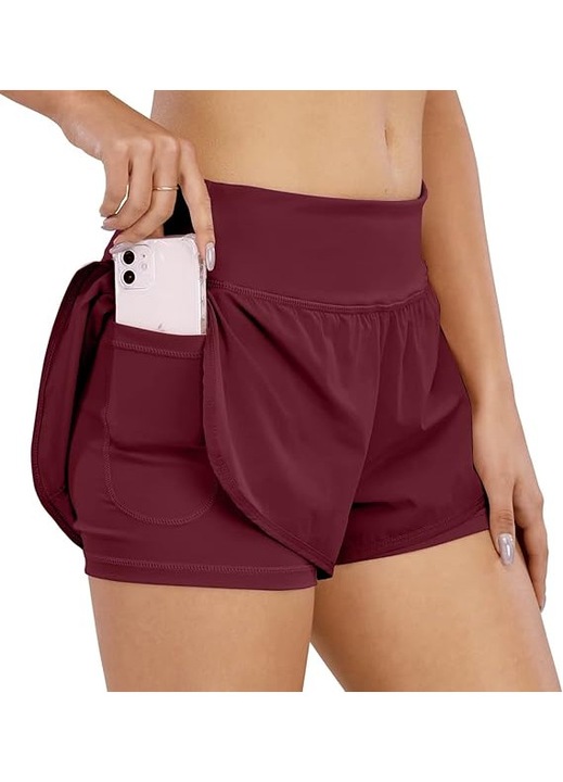 Pantaloni scurti sport pentru femei, moi, cu 2 straturi, Rosu