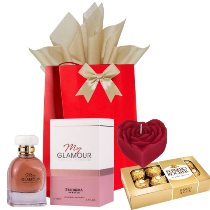 Pachet cadou Femei, Apa de Parfum My Glamour 100 ml Pendora Scents, Cutie bomboane Ferrero Rocher 100 g, Lumanare Parfumata Punga festiva, ORICE OCAZIE