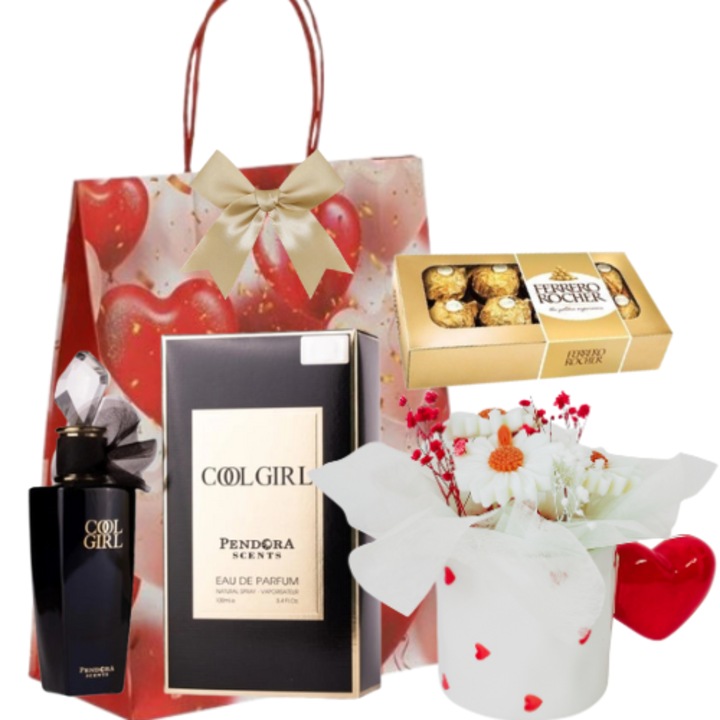 Pachet cadou Femei, Parfum Cool Girl Pendora Scents 100 ml, Cana cu aranjament floral din ceara de soia, FERRERO ROCHER Bomboane 100 g, Punga cadou, Orice Ocazie