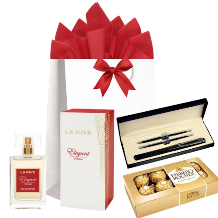 Pachet cadou Femei, Apa de Parfum Elegant Woman 100 ml, FERRERO ROCHER Bomboane 100 g, Stilou metalic cu mecanism si 4 rezerve cerneala, Punga cadou. Orice Ocazie