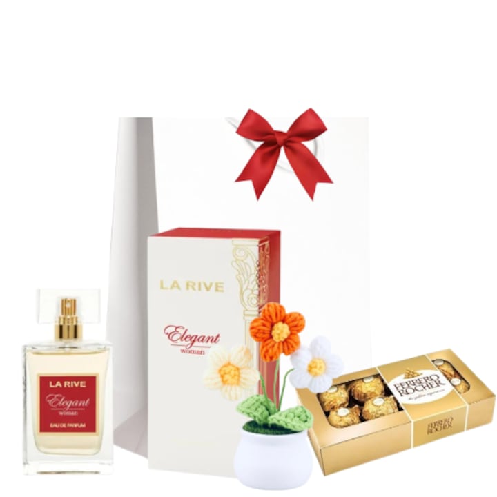 Pachet cadou Femei, Apa de parfum Elegant Woman 100 ml La RIVE, FERRERO ROCHER Bomboane 100 g, Ghiveci flori lucrate manual, Punga cadou cu fundita. Orice Ocazie