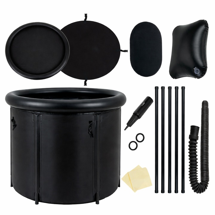 Cada pliabila gonflabila WinterBath idealSTORE conceputa pentru terapia cu apa rece, Capacitate 320L, Capac termoizolant cu carlige, 5 straturi termice, Contine Pompa pentru umflare si Perna