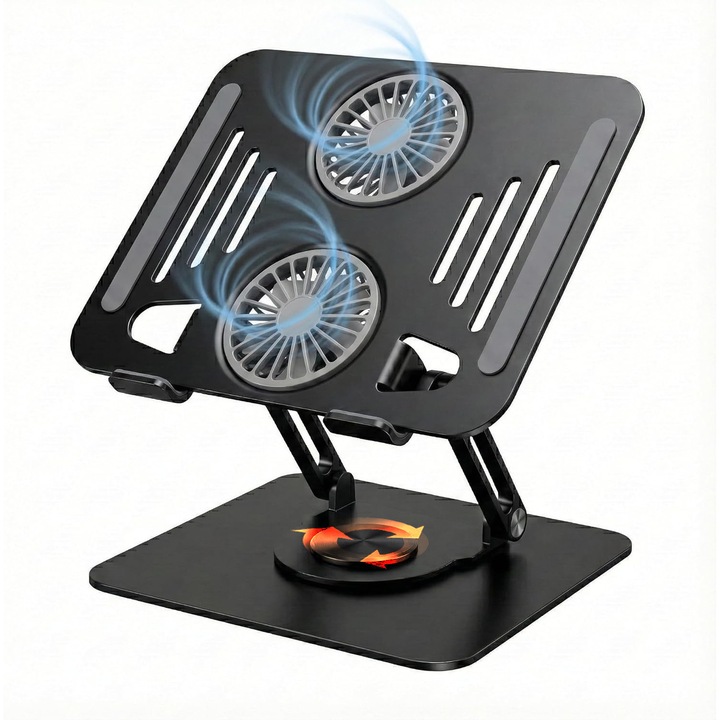 Suport Laptop cooler, CRE8VE3®, Rotatie 360°, Pliabil, cu Sistem Dublu de Ventilatie, Ergonomic, Portabil, Detasabil, compatibil cu laptopuri de la 10 - 16 inch