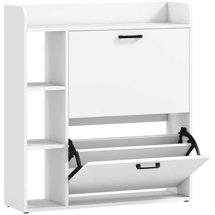 HOMCOM Dulap pentru pantofi slim cu 2 sertare rabatabile si 3 compartimente deschise, Capacitate 15 perechi de pantofi, 83x24x90.5 cm, Alb