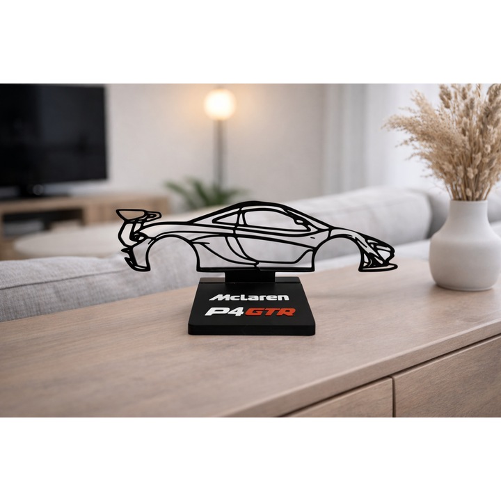 Silueta auto McLaren P4 GTR printata 3D, piesa decorativa de colectie, design premium pentru pasionati si colectionari auto, suport inclus, 25 cm lungime