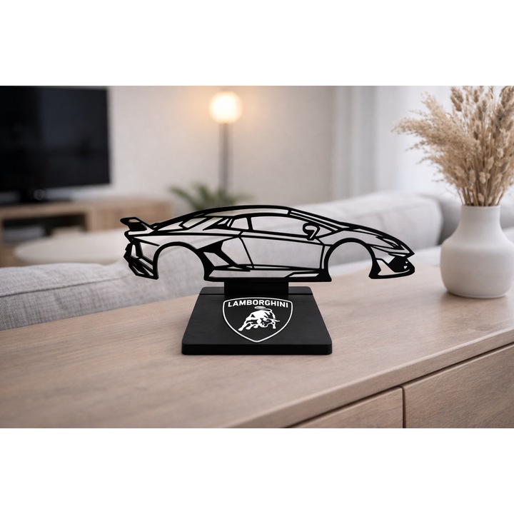 Silueta auto Lamborghini Aventador SVJ printata 3D, piesa decorativa de colectie, design premium pentru pasionati si colectionari auto, suport inclus, 25 cm lungime
