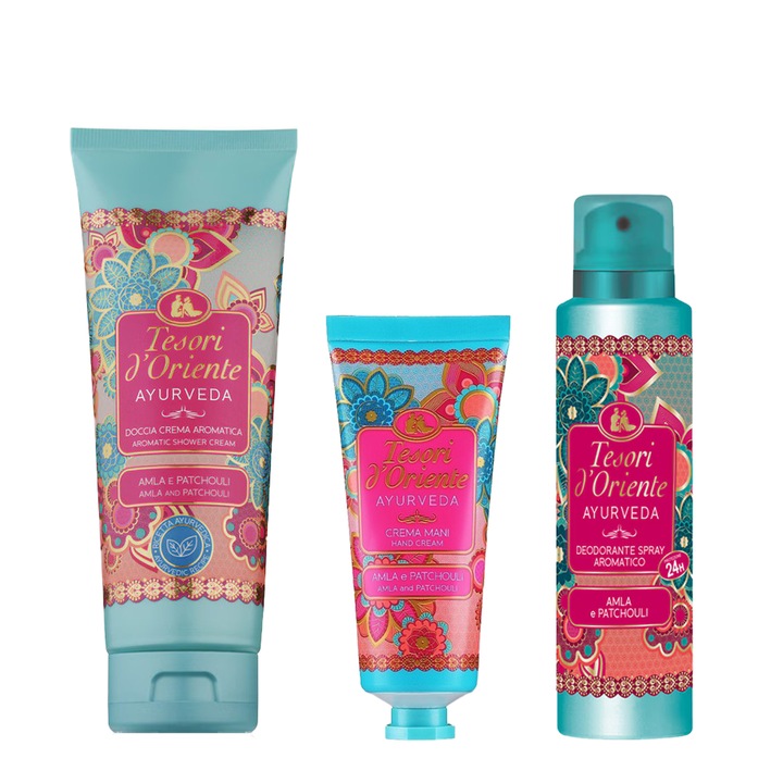 Ayurveda Relaxáló Szett, Tesori d'Oriente, Tusfürdő 250ml, Dezodor 150ml, Kézkrém 75ml, többszínű