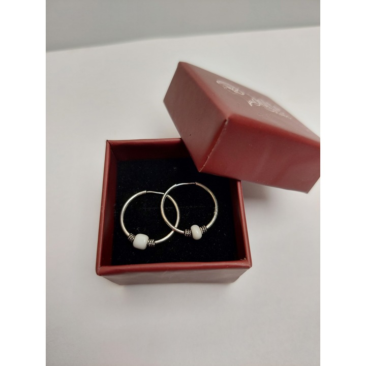 Cercei Argint 925 Creole 15 mm cu Piatra Alba, Leski Silver, 0.9g, 2 cm x 1.3 cm