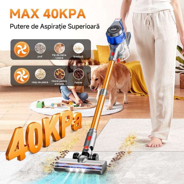 Aspirator fara fir 40000 Pa – autonomie de 45 minute, cu afisaj LED, cap de perie anti-incurcare si filtru HEPA – ideal pentru parul animalelor, covoare si pardoseli dure, albastru