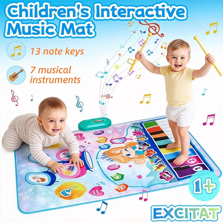 Covoras muzical 3 in 1 interactiv copii, Excitat®, pian, tobe si sunete, material sigur, 13 Melodii, 13 clape de noti muzicale, 7 Instrumente muzicale, cadou educativ, 4＋ ani, 90x70cm, Albastru