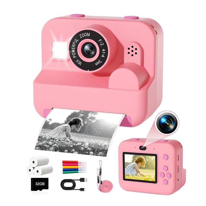 Aparat Foto Instant pentru Copii, Nerele, Dual Camera Selfie, Imprimare Termica fara Cerneala, Foto 12MP, Video 1080P, Zoom 16x, Jocuri si Muzica, Card 32GB si Accesorii Incluse, Cadoul Perfect pentru Fete si Baieti, Roz